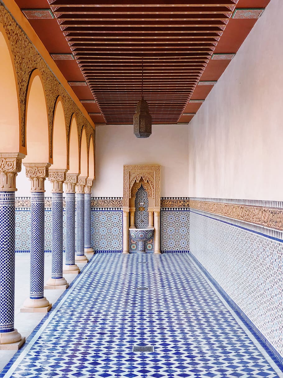 blue and white pathway inside building, architecture, indoors HD wallpaper