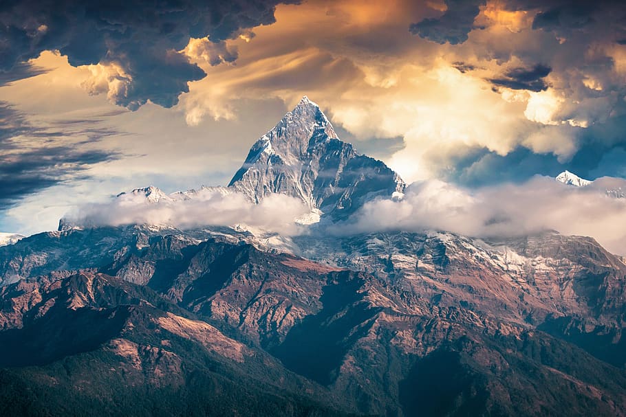 landscape, mountain, clouds, storm, sky, scenic, summit, mountaineering HD wallpaper