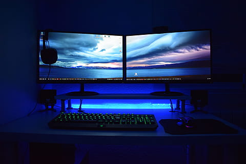 Two Computer Flat Screen Monitors Turned On, dark, design, desk HD wallpaper