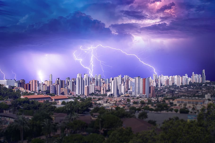 storm, city, ray, skyscraper, clouds, architecture, cloud - sky HD wallpaper