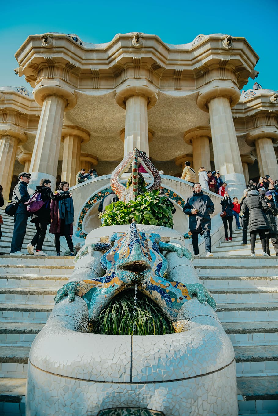 person, human, water, architecture, spain, barcelona, park guell