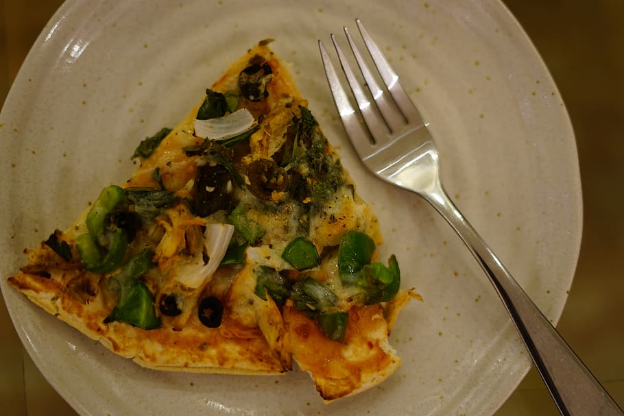 pizza, slice, fork, plate, vegetables, homemade, cooking, oven HD wallpaper