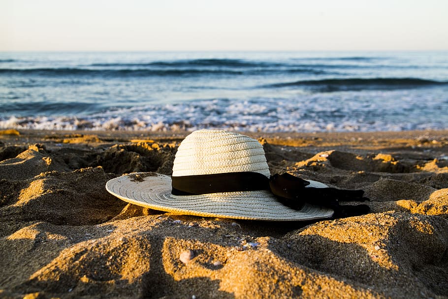 sea, hat, beach, landscape, coast, summer, sand, water, sky HD wallpaper
