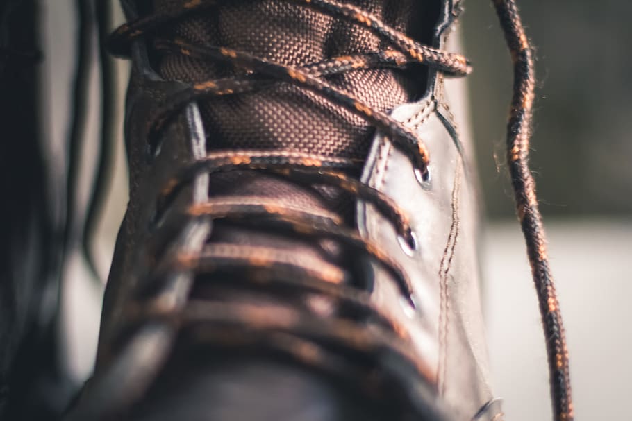 boot, lace, work boots, close up, blurred background, brown, HD wallpaper