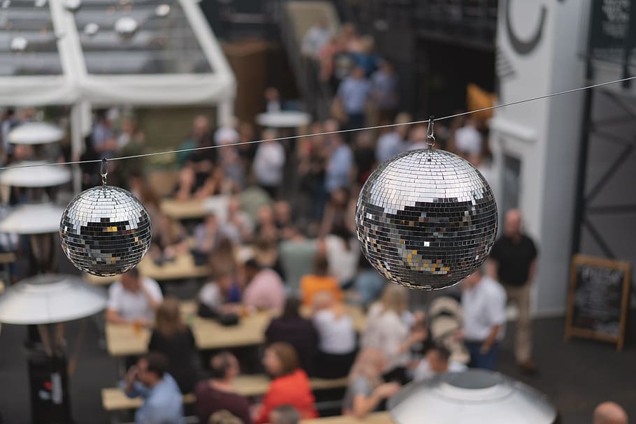 two hanging silver disco balls in shallow focus photography, string HD wallpaper