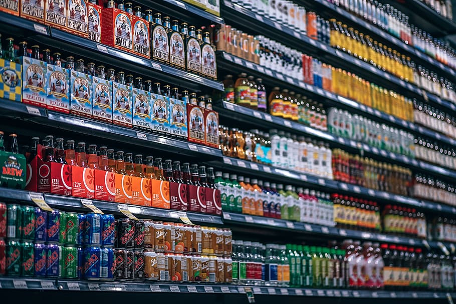 beverages, bottles, shelf, cans, coke, cola, consumption, diet