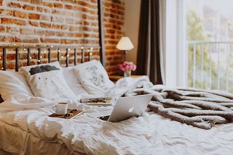 Morning coffee in bed. Working in bed, home office, bed office HD wallpaper