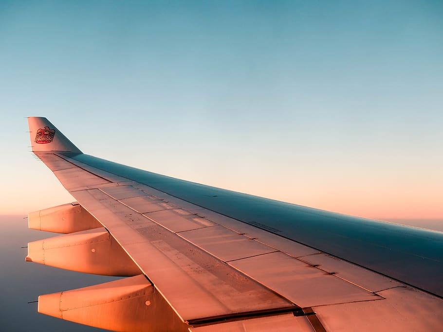 aircraft wing reflected with sun ray, flight, etihad, plane, sunset HD wallpaper