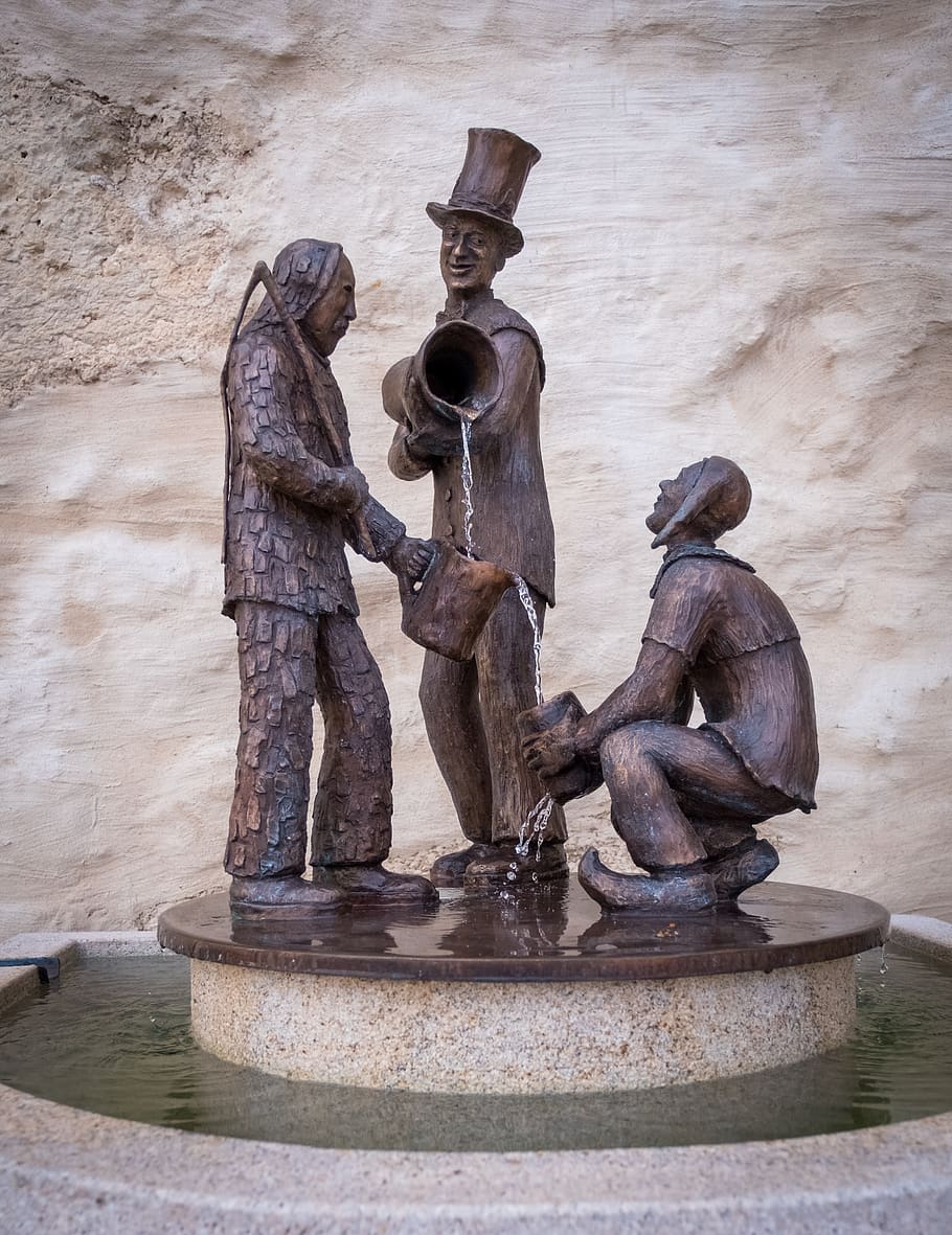 figures, sculpture, bronze, old, antique, fountain, water feature HD wallpaper