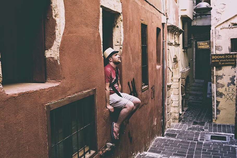 greece, chania, old, stone, person, graffiti, sitting, thinking HD wallpaper