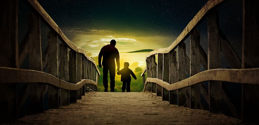 father and son, bridge, happiness, man, west, boards, peace of mind, HD wallpaper