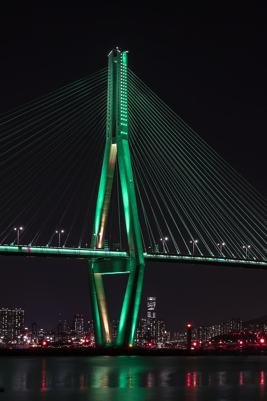 bridge during nighttime, building, busan, south korea, suspension bridge HD wallpaper