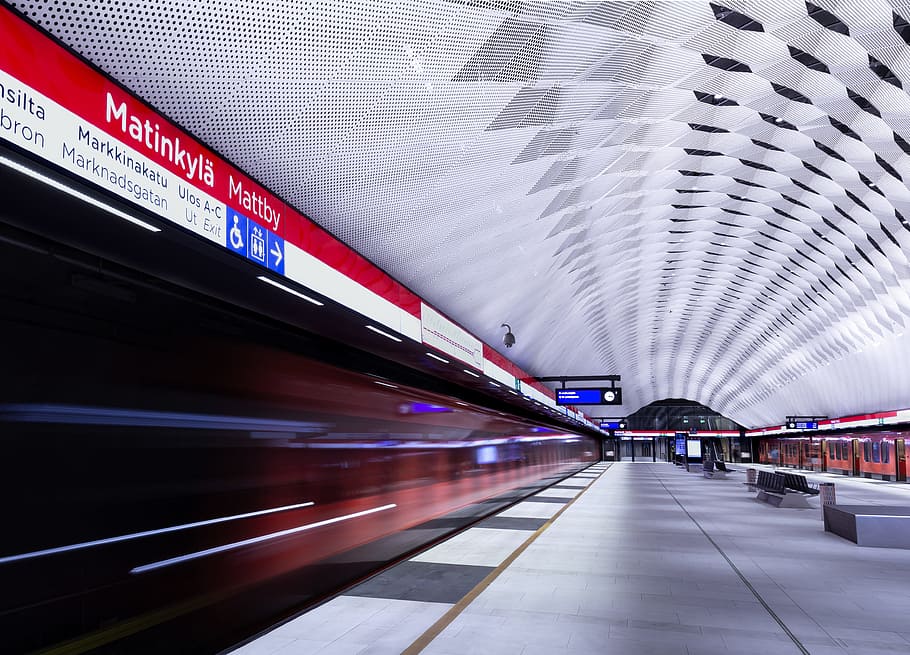 subway interior, platform, building, sign, light, train, speed HD wallpaper