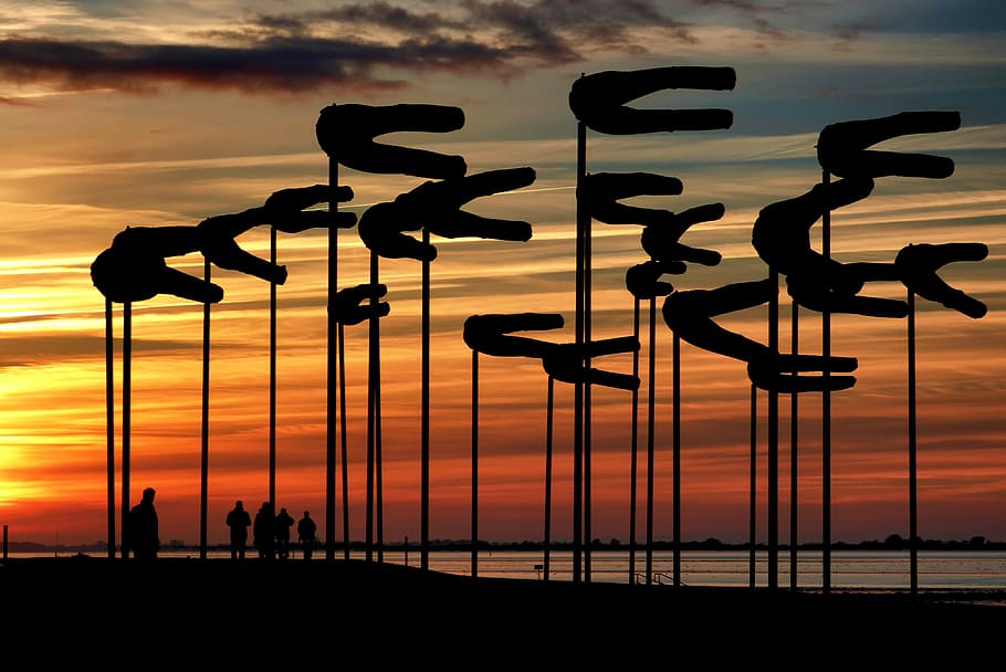 Silhouette Parasols Against Dramatic Sky during Sunset, clouds HD wallpaper