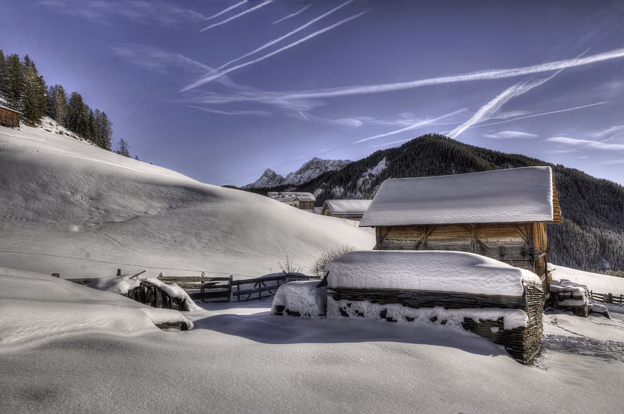 Brown Wooden House Covered With Snow, clouds, cold, daylight HD wallpaper