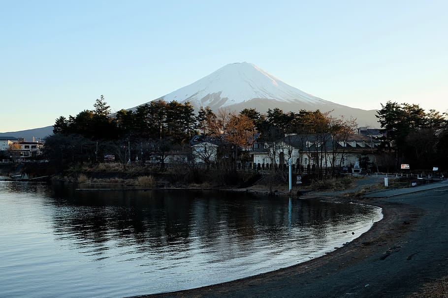 mountain, fuji, mt, winter, beautiful, lake, japan, town, sky HD wallpaper