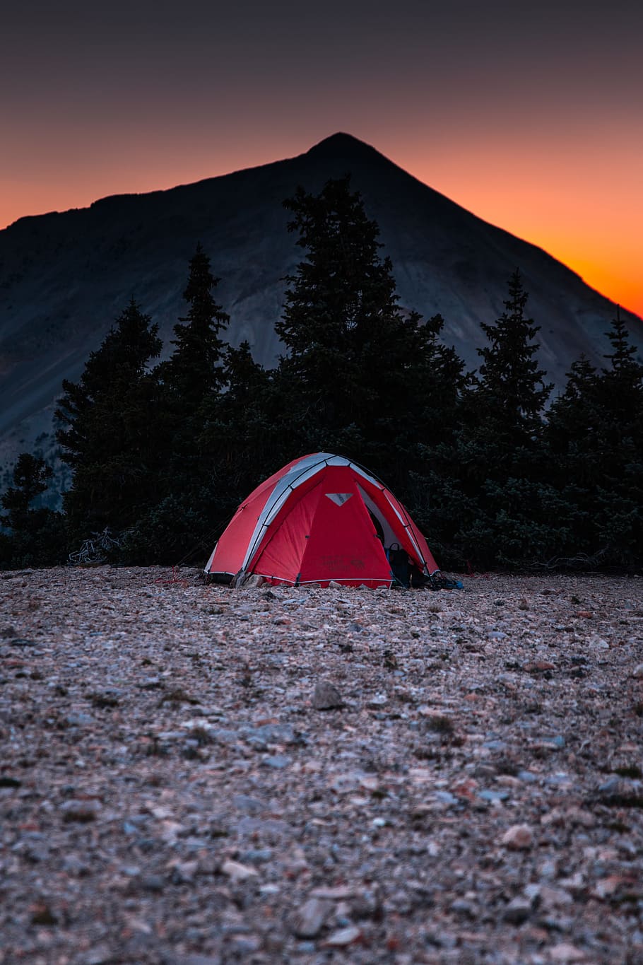 red and gray done tent near tree, forest, mountain hardwear, sunset