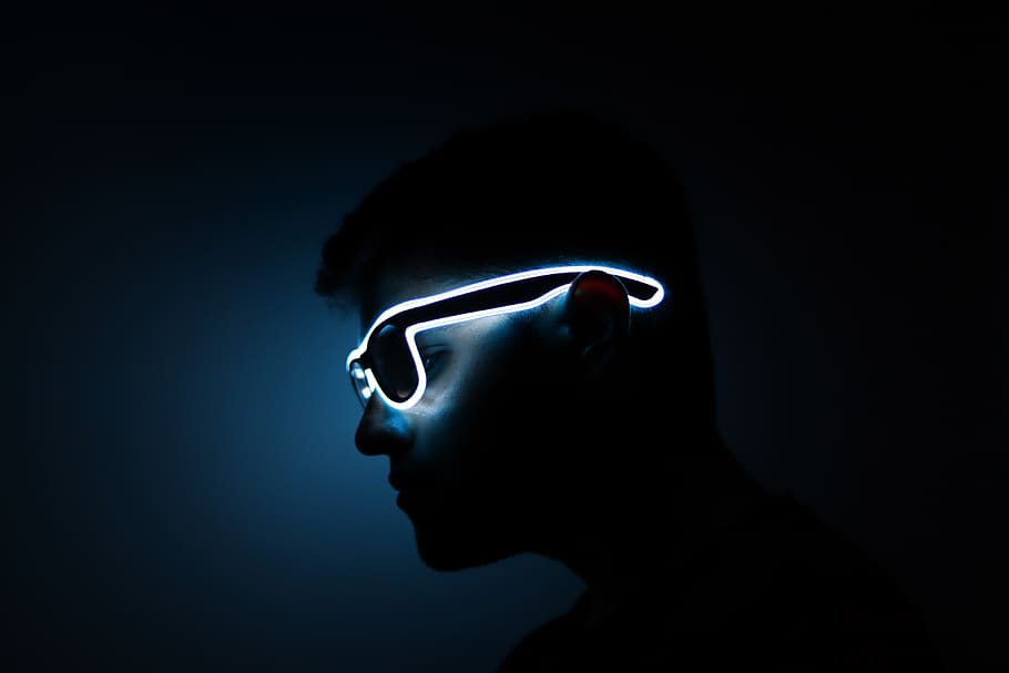 man wearing LED sunglasses, studio shot, headshot, dark, profile view HD wallpaper