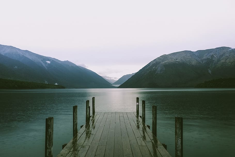 mountain, highland, cloud, sky, landscape, view, pier, wood HD wallpaper