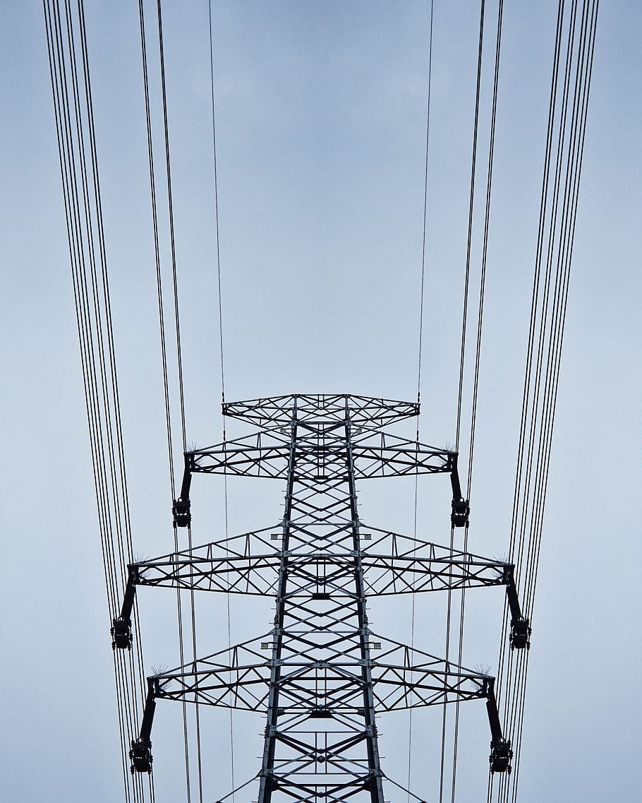 architectural photography of gray steel tower, cable, power lines, HD wallpaper