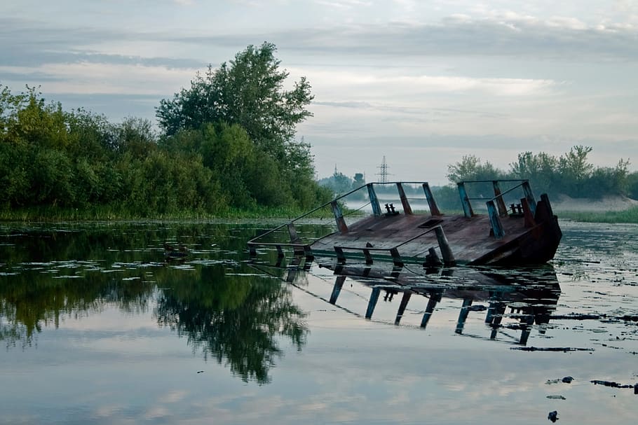 barge, river, lake, water, nature, landscape, tree, plant, reflection HD wallpaper