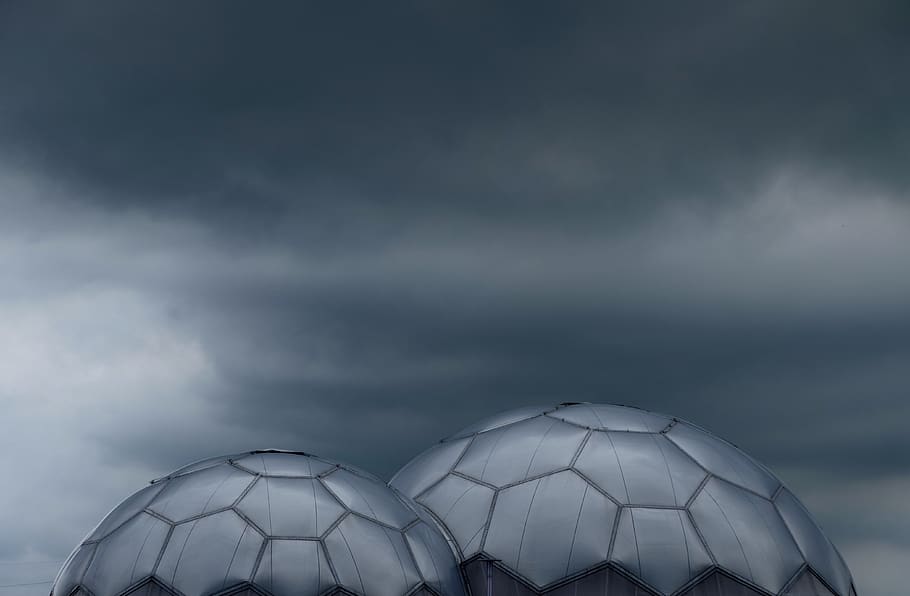 grey dome roof under dramatic clouds, building, sphere, nature HD wallpaper