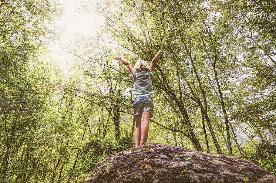 Photo of Girl Standing on Rock Raising Her Hands, back, back view HD wallpaper