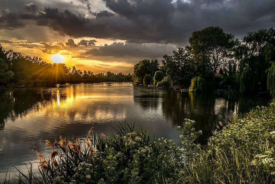 evening, river, sky, nature, reflection, water, lights, sunset HD wallpaper