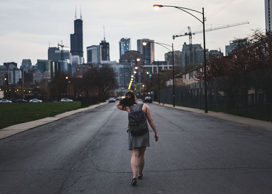 girl, alone, thinking, walking, street, road, car, building HD wallpaper