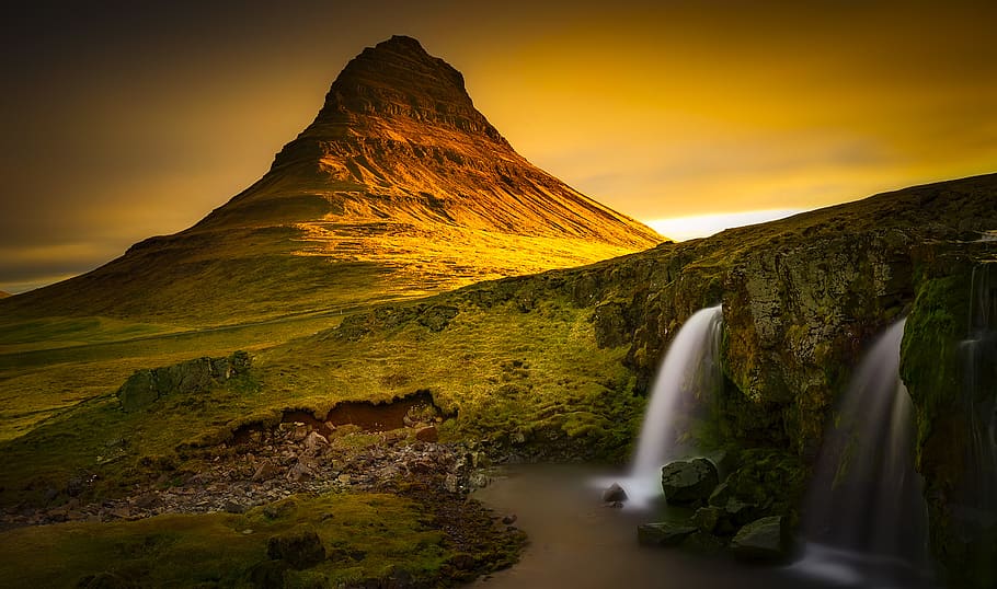 Waterfalls Near Brown Mountain, dawn, daylight, evening, grass HD wallpaper