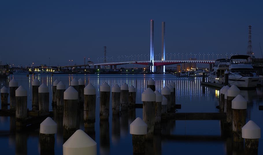 australia, docklands, darkness, lights, dawn, reflections, water HD wallpaper
