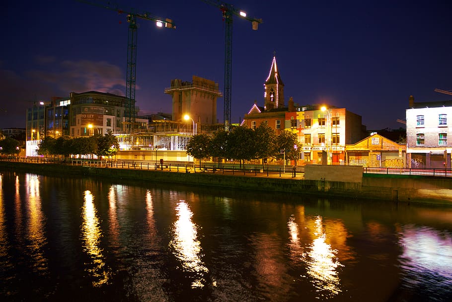 ireland, dublin, building exterior, illuminated, water, built structure HD wallpaper