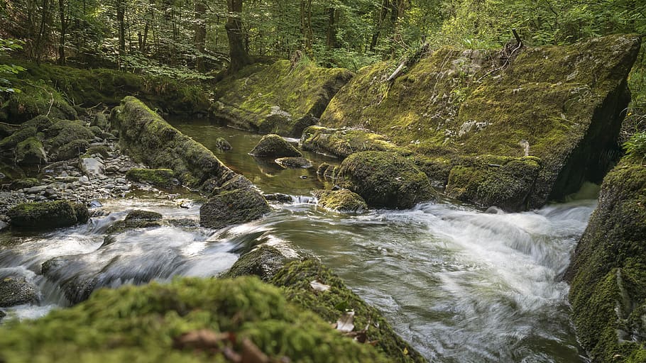 waterfall, stream, nature, flowing, scenic, scenery, green HD wallpaper