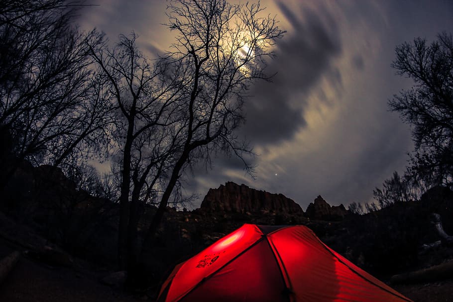 night, night sky, timelapse, moon, tent, camping, red rock, HD wallpaper