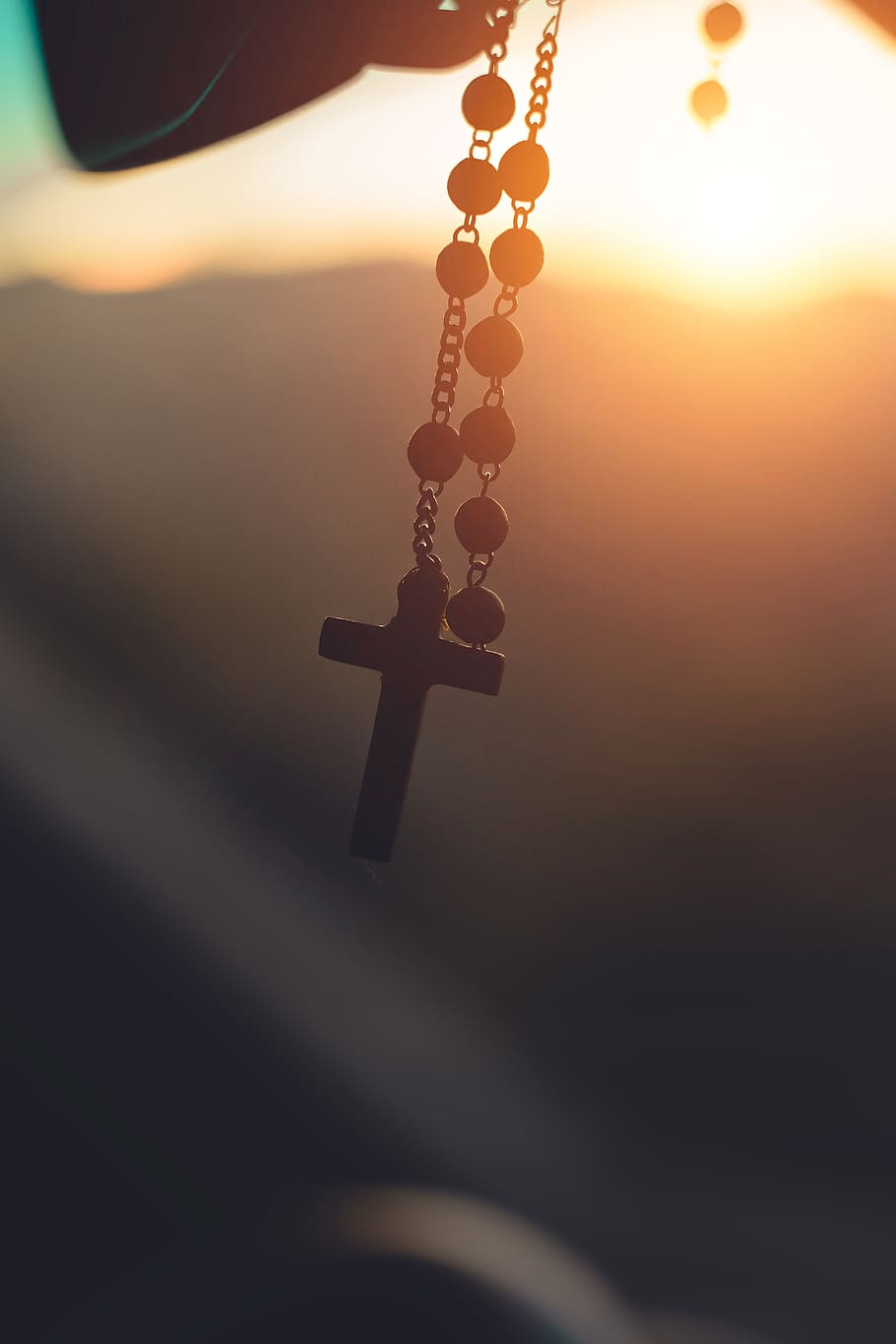 Silhouette Photography of Hanging Rosary, art, blur, bright, catholic