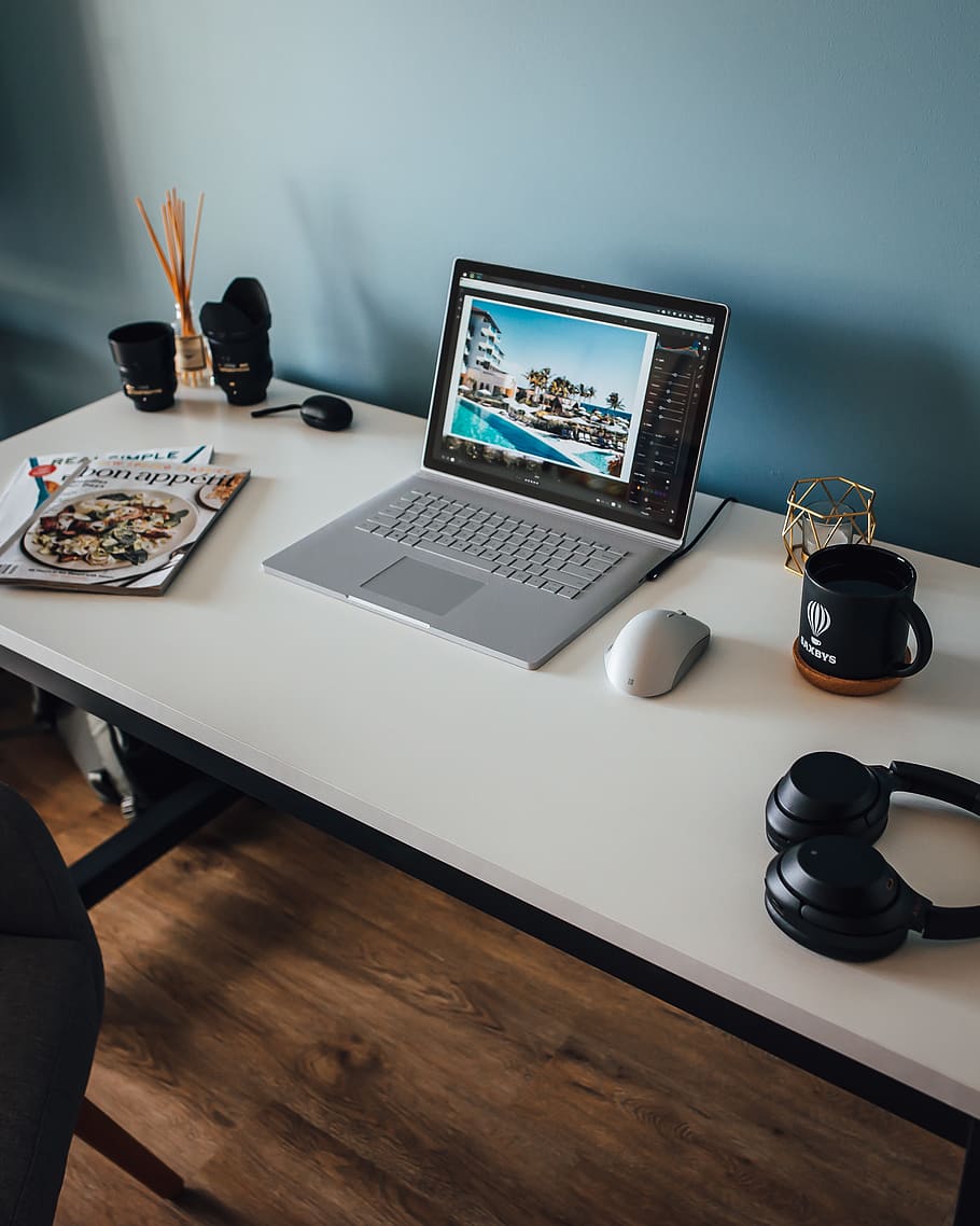 gray and black laptop computer turned-on, table, technology, wireless technology HD wallpaper