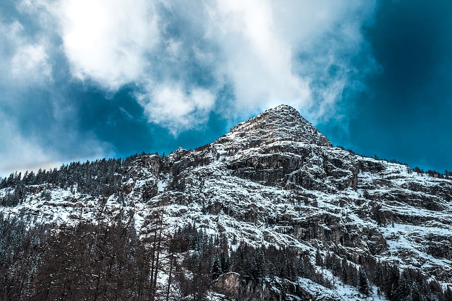 Low Angle Photography of Mountain Covered Snow, adventure, blue sky HD wallpaper