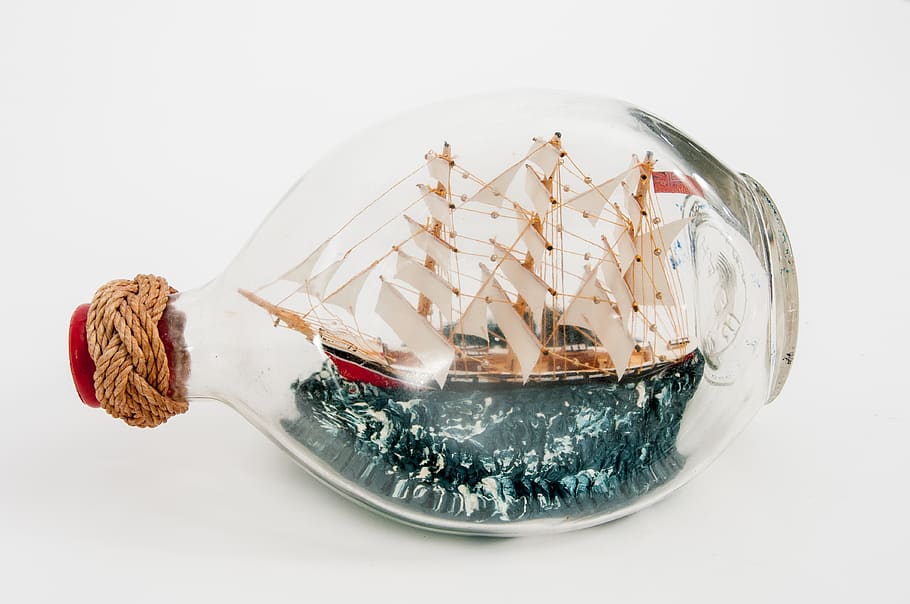 galleon ship inside bottle, light, minimal, sail, blue, green HD wallpaper