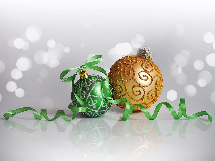 Two Green and Orange Bauble Balls, beautiful, bow, celebration HD wallpaper