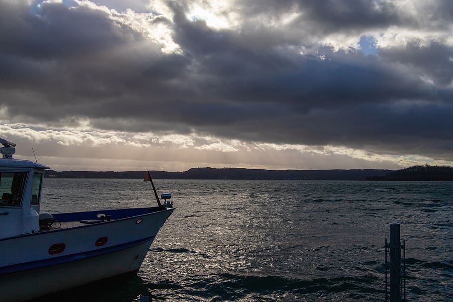 boat, clouds, sky, nature, lake, cloud - sky, transportation HD wallpaper