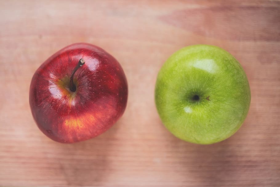 Two Red and Green Apple Fruits on Brown Surface, apples, confection HD wallpaper