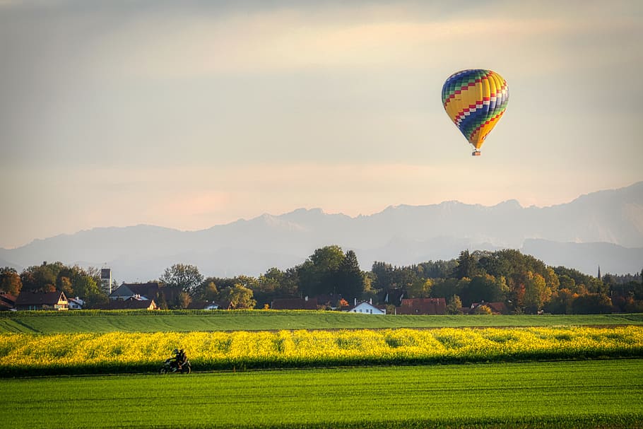 field, balloon, mountains, alpine, hot air balloon ride, flying HD wallpaper