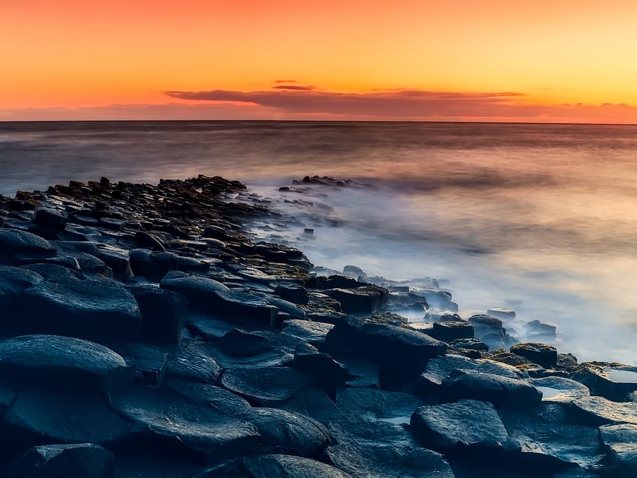 Rocks Near Water, beach, clouds, dawn, evening, fog, horizon HD wallpaper
