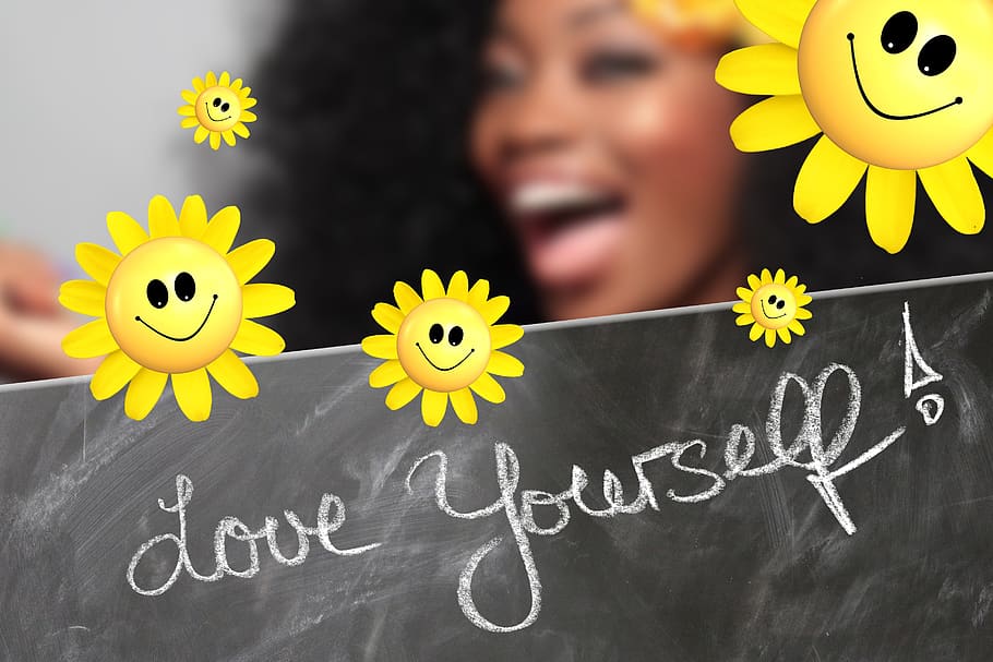self love, board, blackboard, wall, chalk, sun, sunflower, smilie HD wallpaper