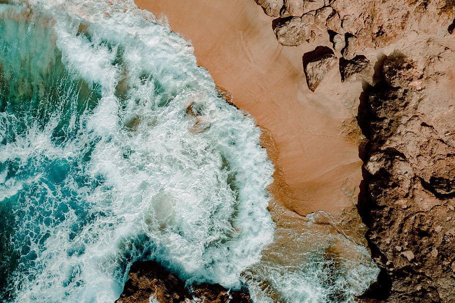 ocean waves, coast, shore, water, topdown, rocky, drone photo HD wallpaper