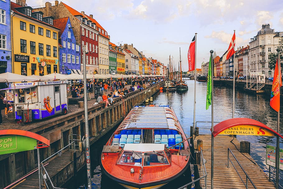 Nyhavn, Copenhagen, canal, water, boat, outdoors, denmark, gondola, HD wallpaper