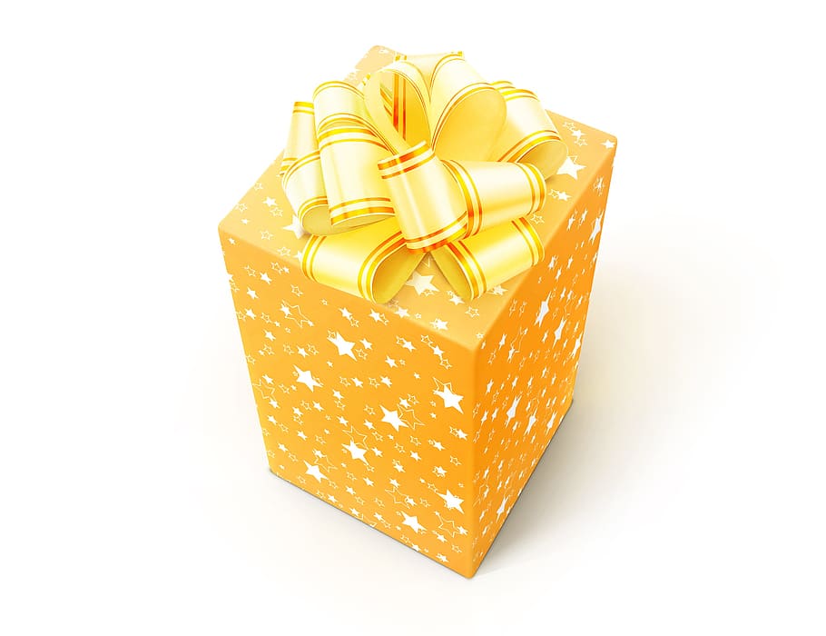 yellow, gift, box, white, bow, present, cube, birthday, isolated HD wallpaper