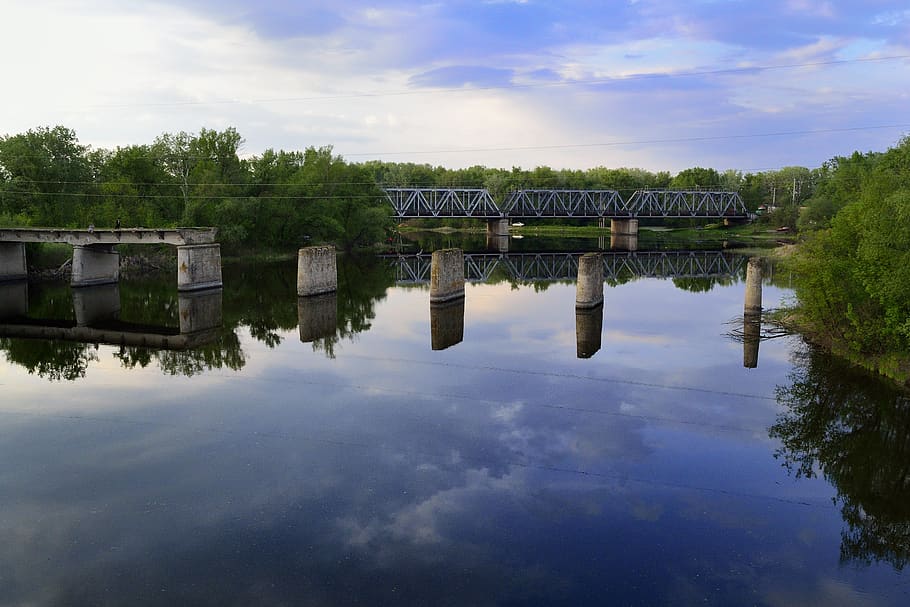 reflection, bridge, water, river, landscape, lake, twilight HD wallpaper