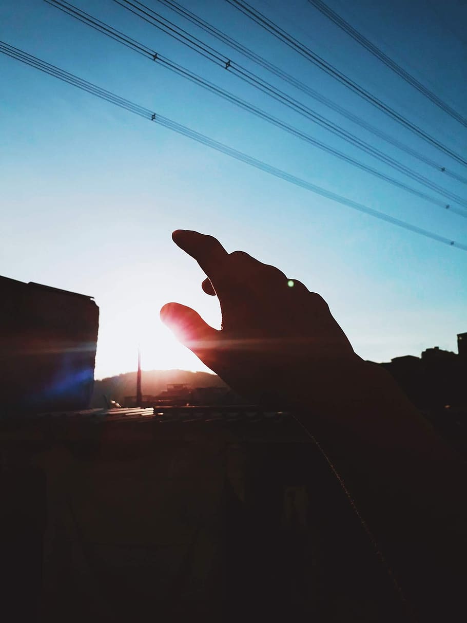 Silhouette of Right Hand, action, backlit, dawn, evening, landscape HD wallpaper