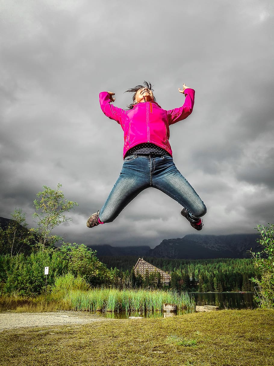 jump, mountains, dom, sky, action, skipping, heaven, fun, lake HD wallpaper